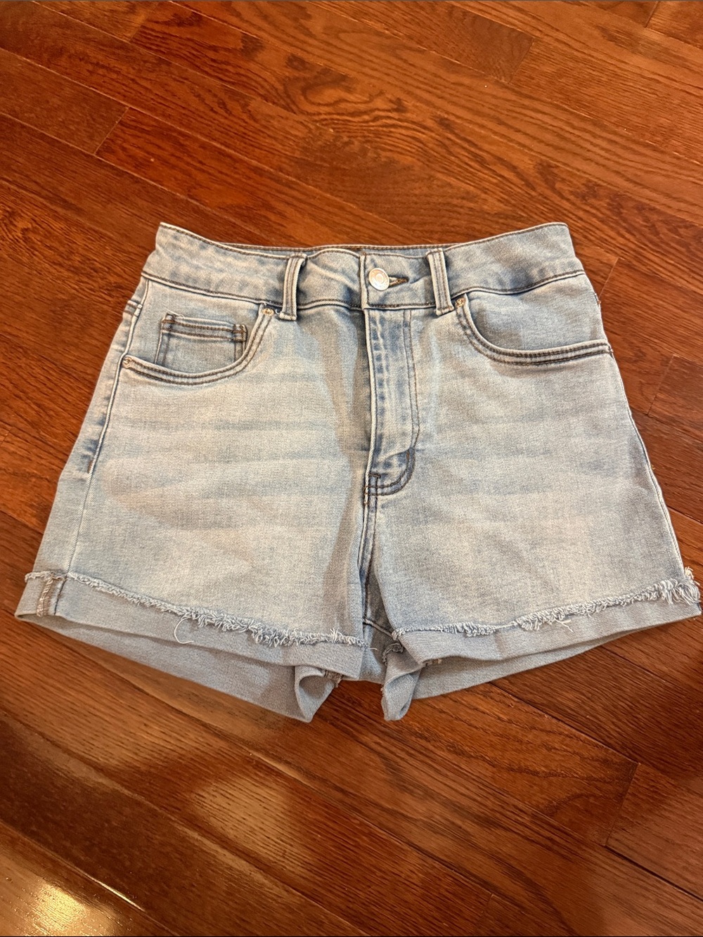 miami Light Blue High-Rise Denim Shorts with Frayed Hem